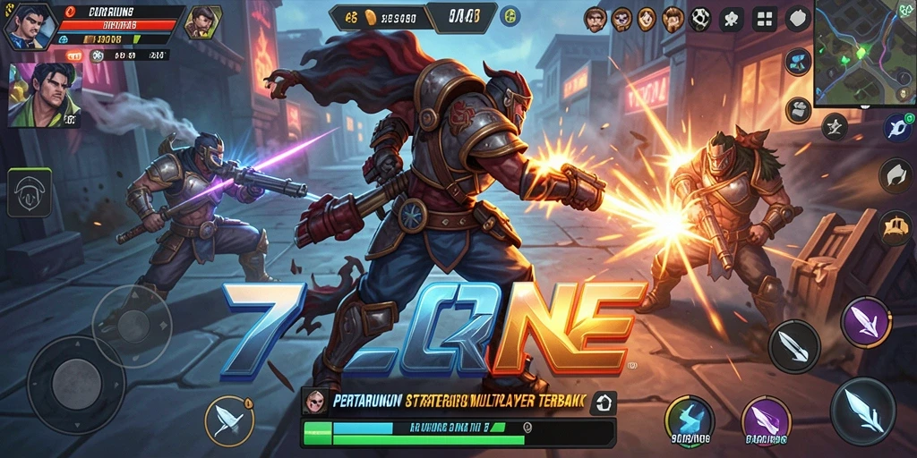 Screenshot menampilkan pertempuran seru dalam game MOBA 7CONE.