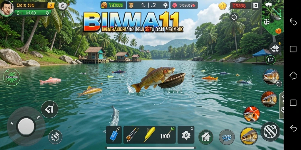 Screenshot gameplay BIMA11 menampilkan aksi memancing yang mendebarkan.